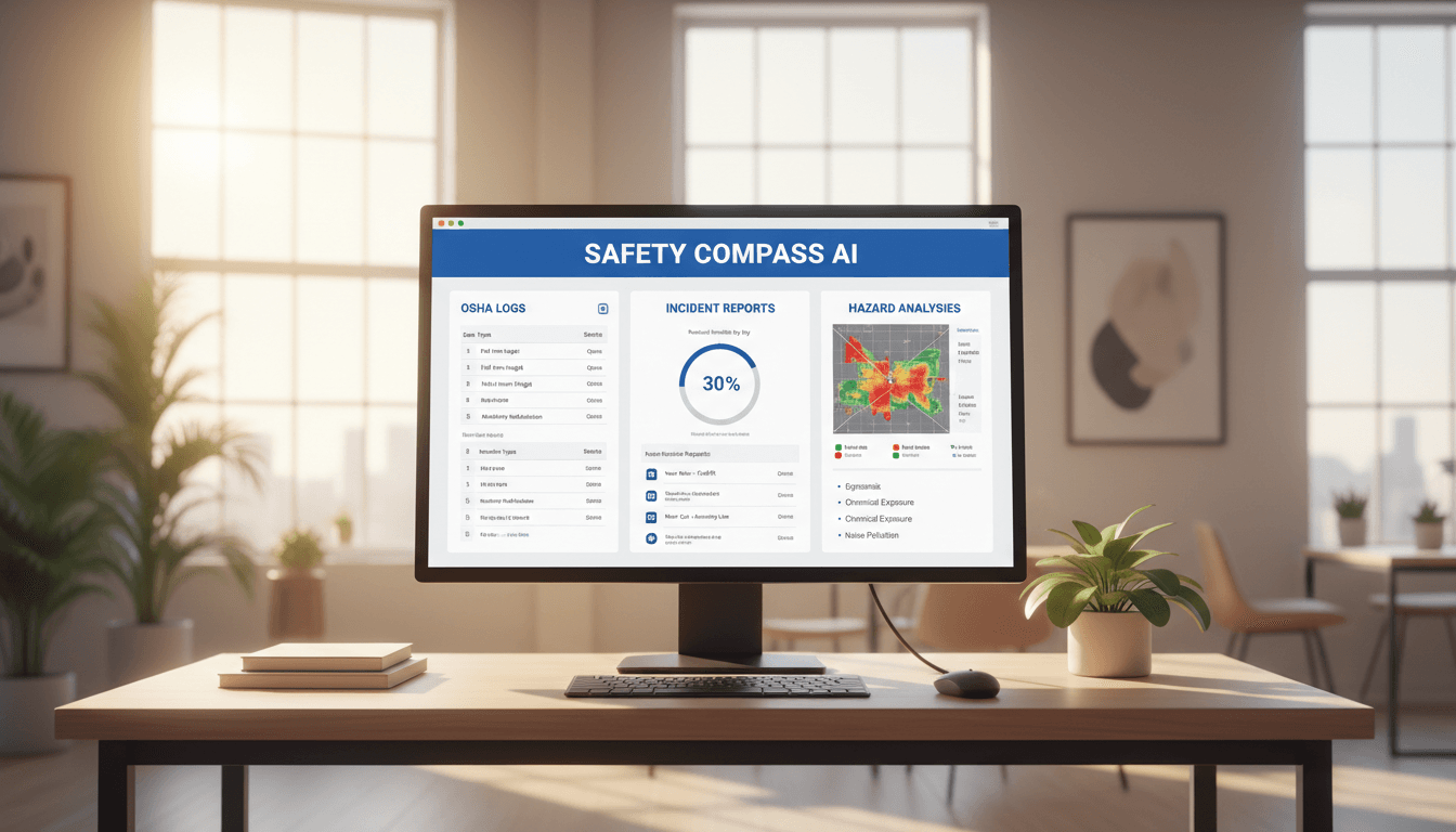 Large monitor displaying OSHA logs, incident reports, and hazard analyses in an organized digital workspace