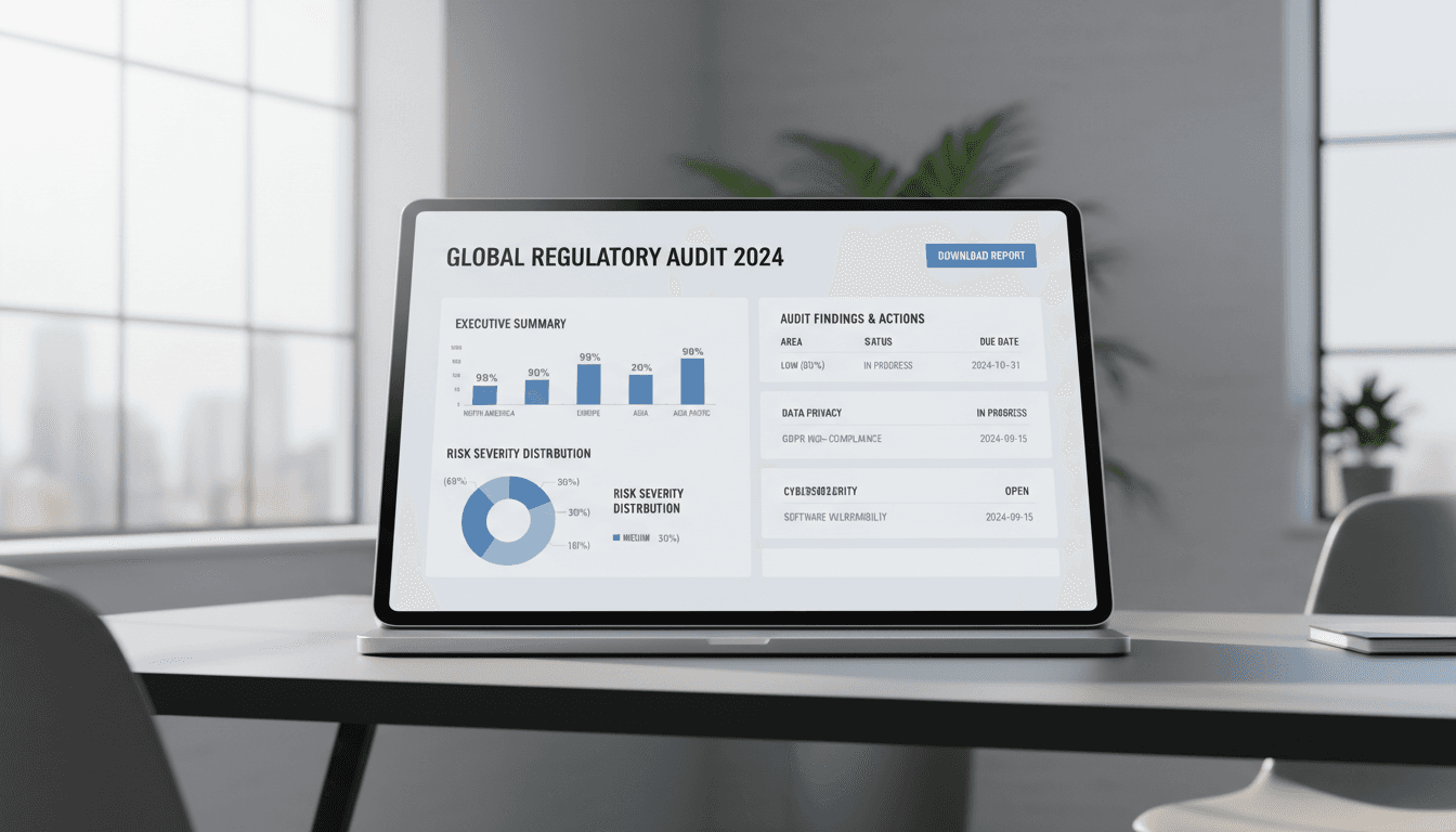 Polished document viewer showing compliance report with charts and audit pages