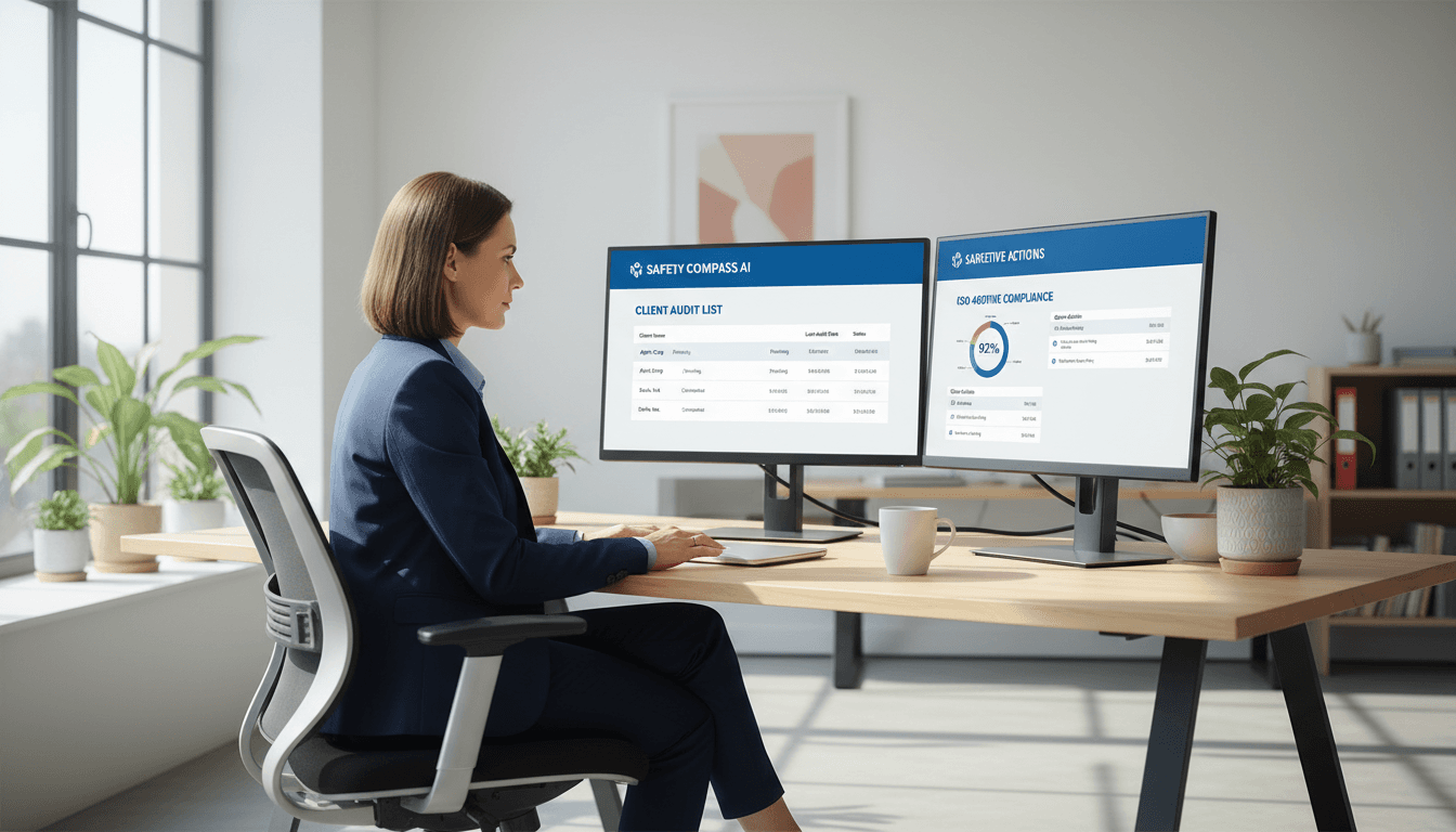 Safety consultant reviewing dual-monitor dashboard of client audits and corrective actions in a sunlit office.