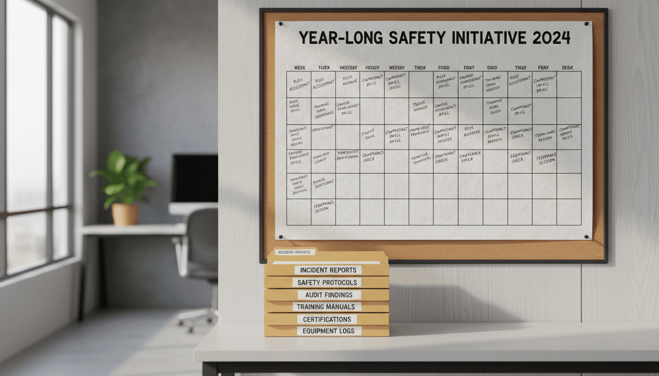 Year-long safety roadmap pinned above evidence folders with weeks marked in ink.