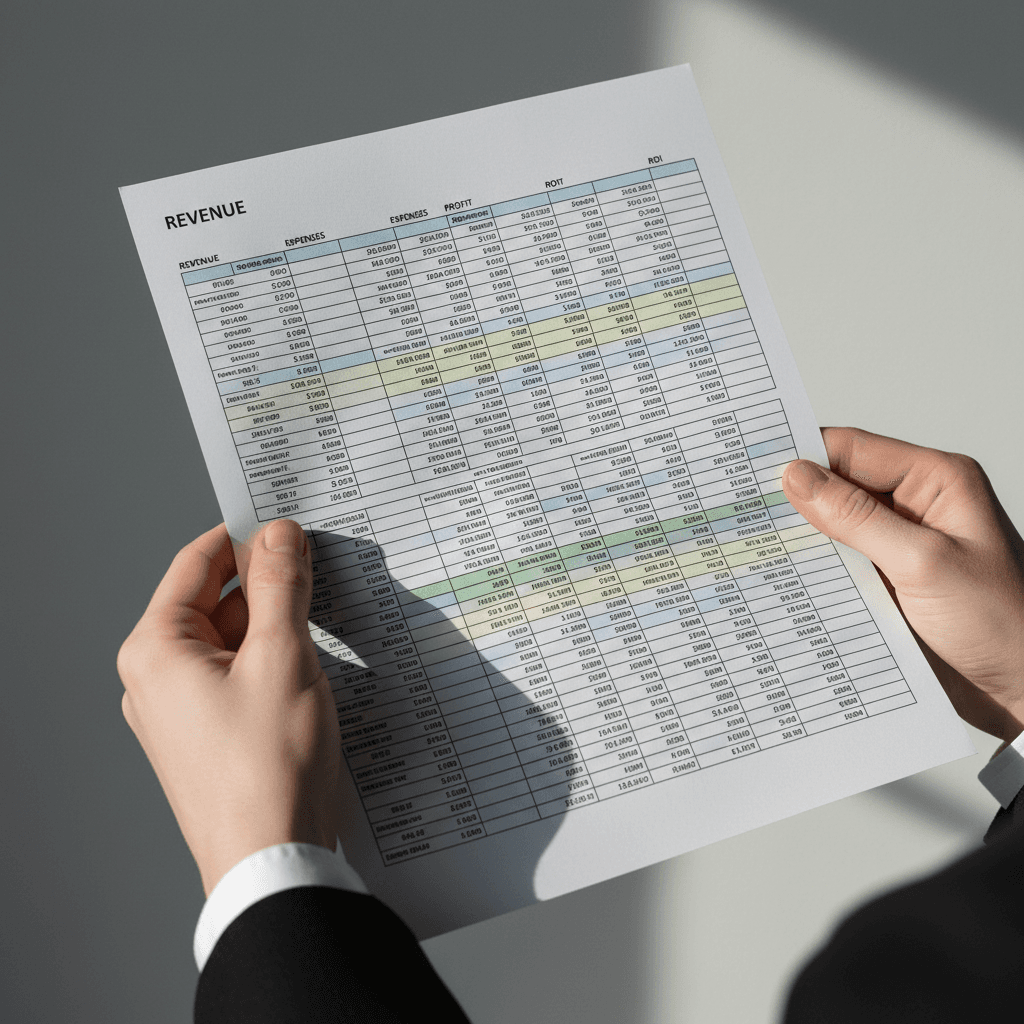 Close-up of a hand holding a printed report document in an office