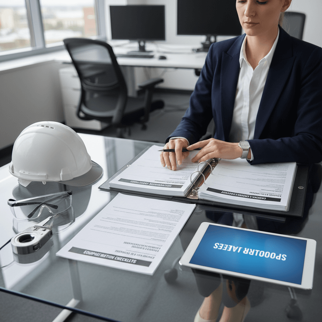 Safety consultant reviewing compliance documentation and inspection checklists at modern office desk with hardhat and safety equipment.