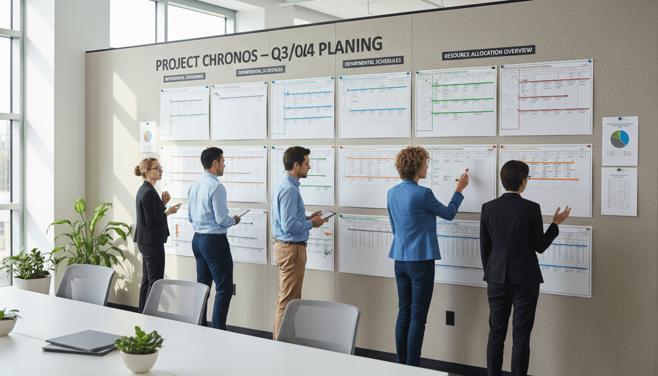 Manager plotting progress on wall chart in modern meeting room