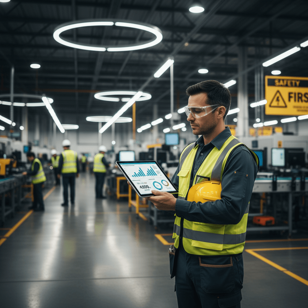 Worker reporting an incident on a tablet at an industrial site