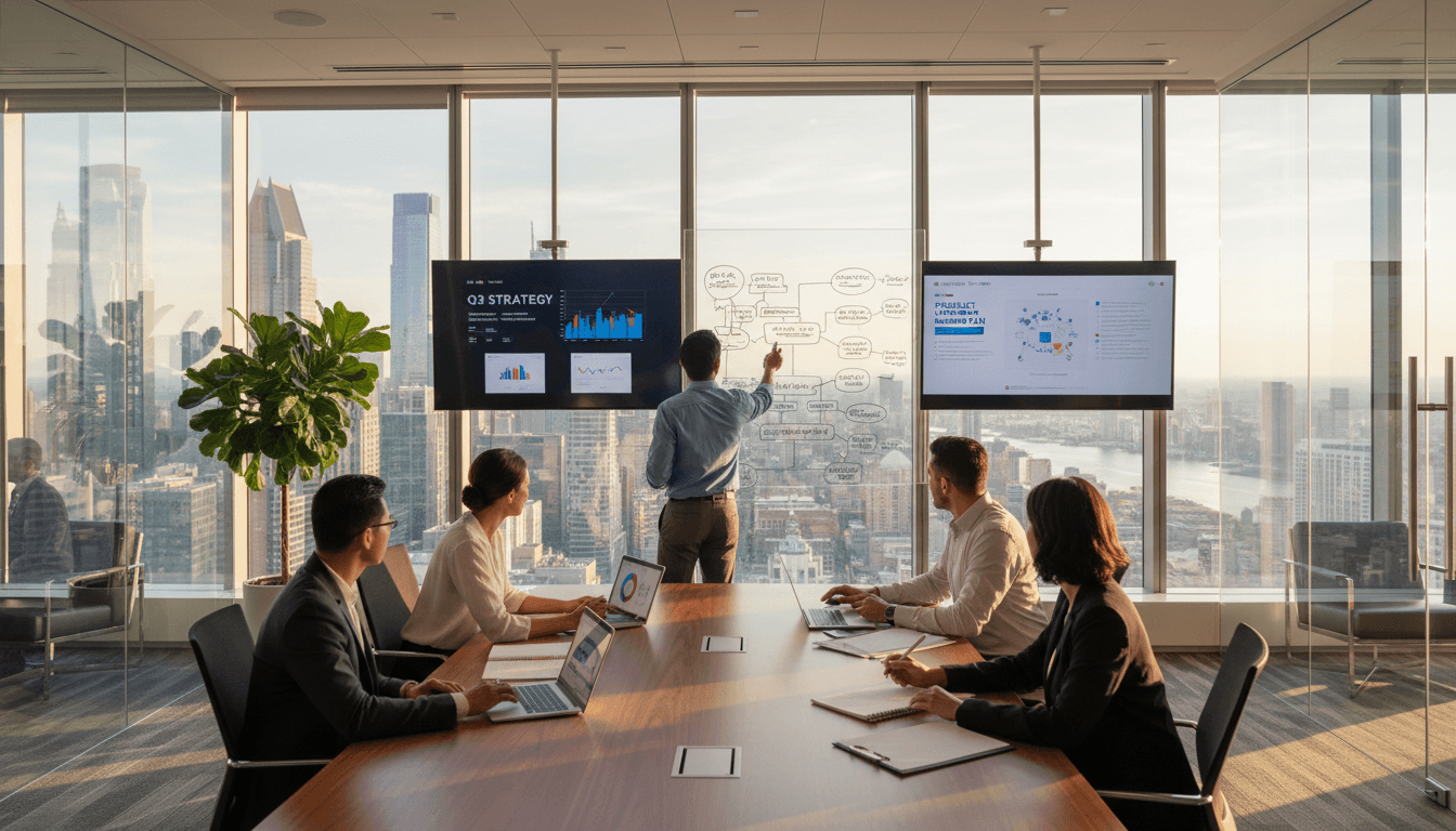 Team discussing a project roadmap on a whiteboard in a modern meeting room