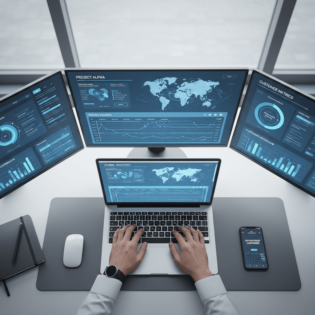 Safety professional configuring digital dashboard settings on laptop in modern office
