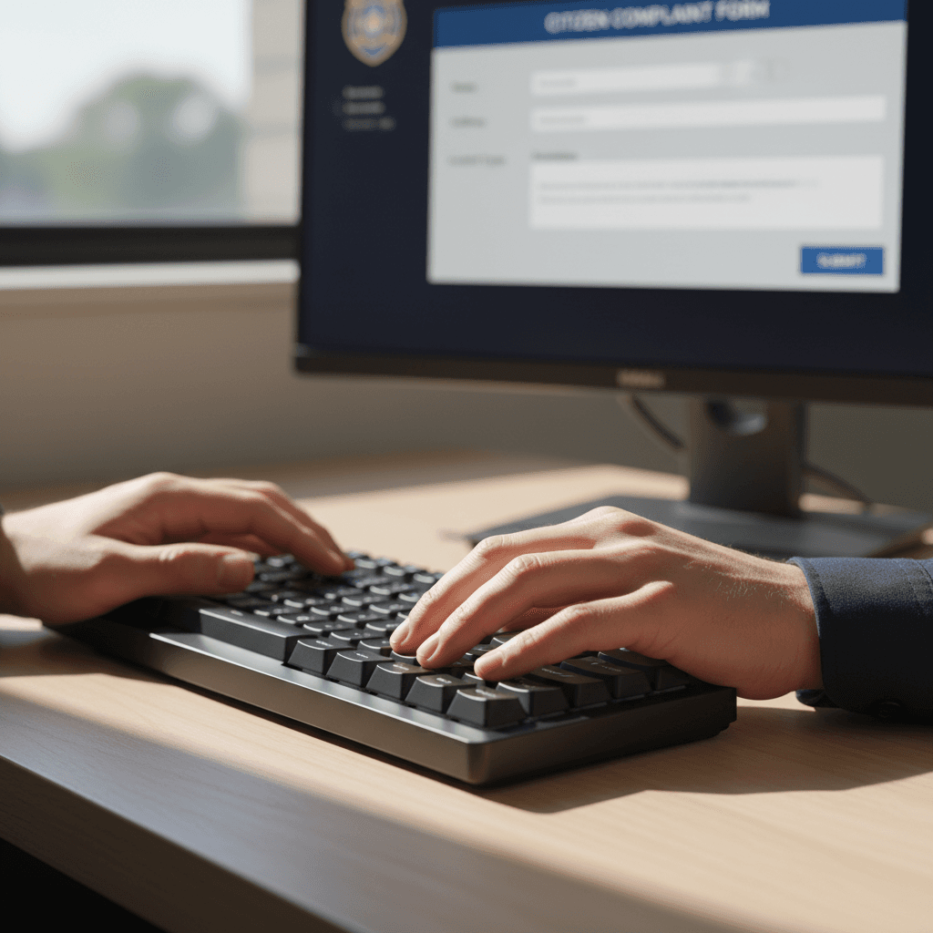 Person filling out an incident report form at a desk with a computer