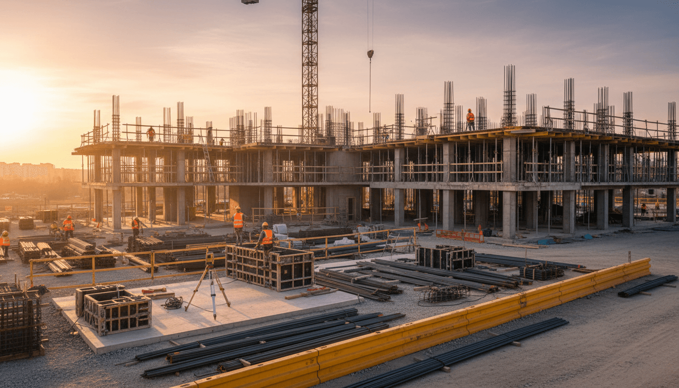Safety inspector walking a steel-frame construction site with a clipboard and tablet, golden-hour light on rebar and cranes, editorial photo