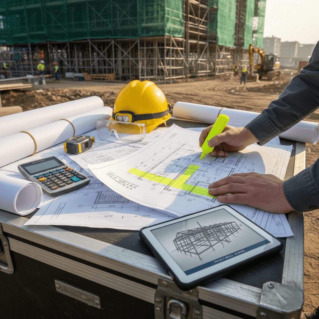 Construction manager reviewing a project timeline on a clipboard at a job site