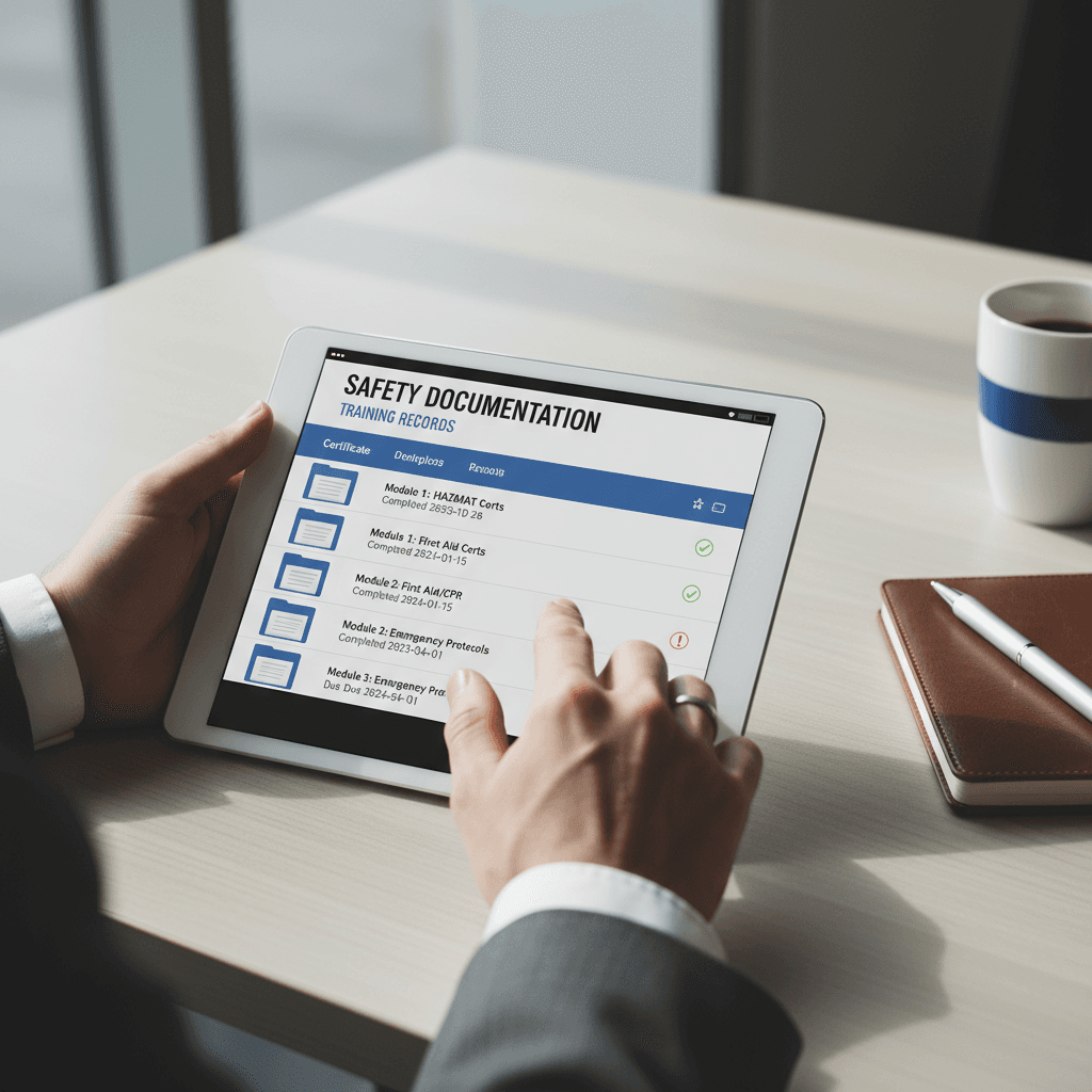 Safety manager tracking action items on a laptop in an office