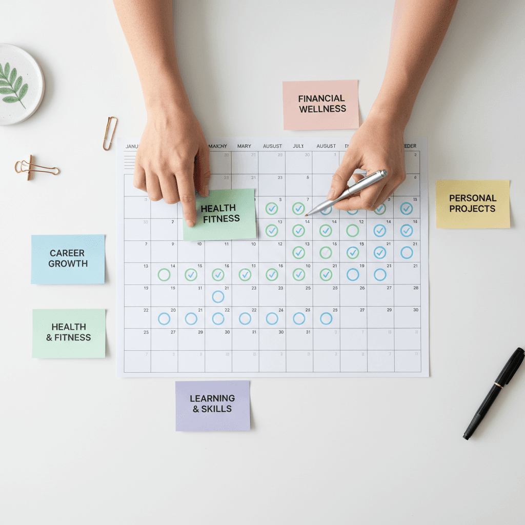 Printed 52-week ISO 45001 wall calendar with weekly milestone stickers and a tablet showing a digital implementation roadmap beside a hard hat