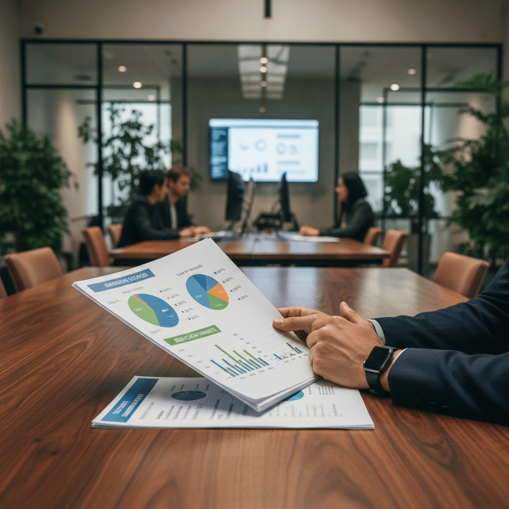 EHS team pinning evidence photos and corrective-action notes onto a wall-sized quarterly roadmap in a bright plant office, documentary photography