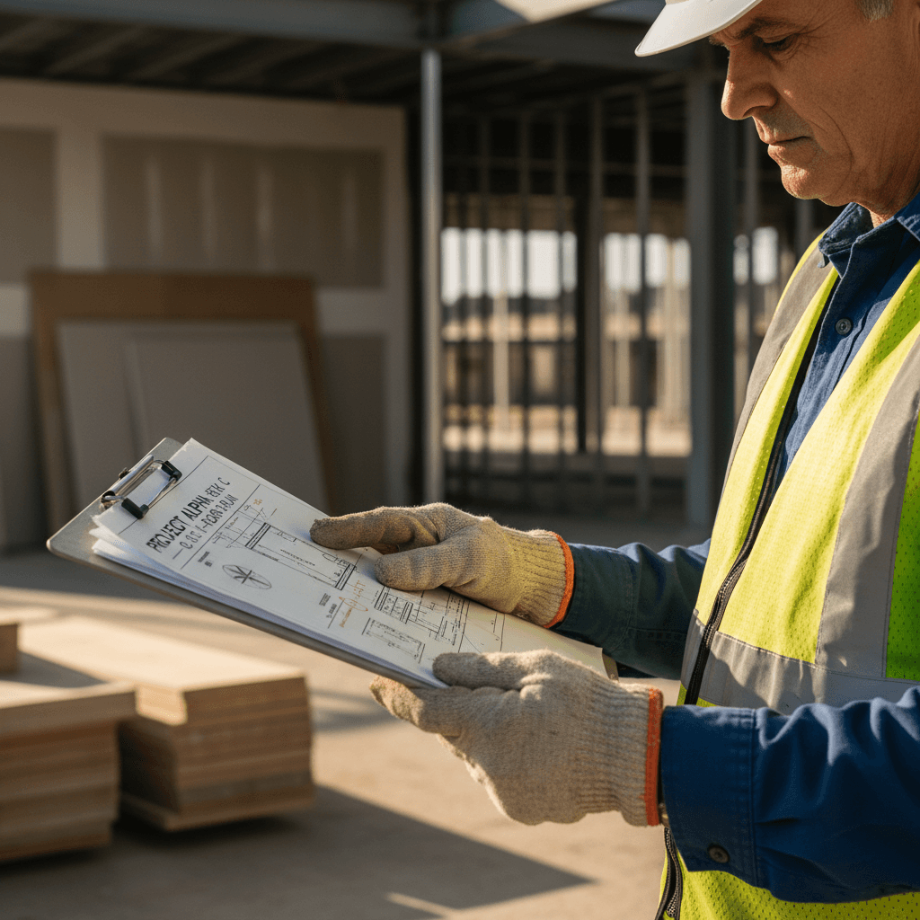 Construction supervisor briefing a small crew with a printed form on site