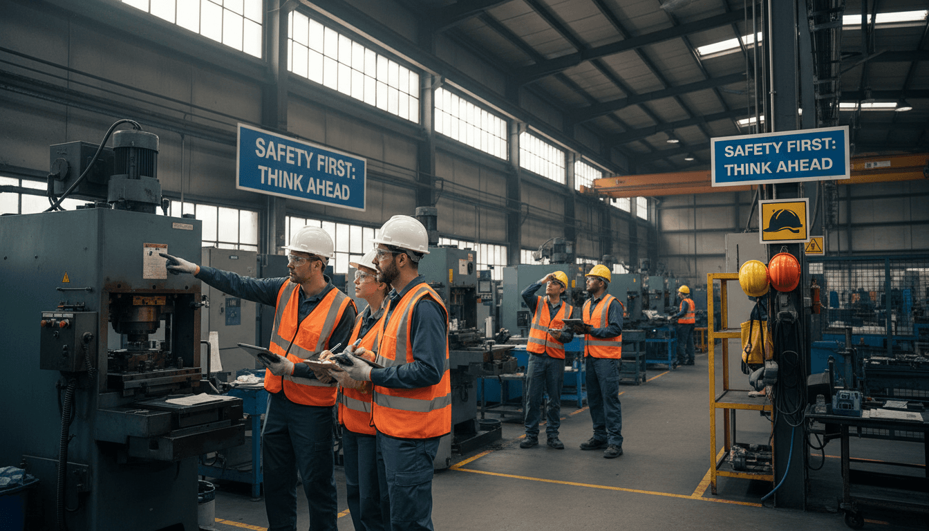 Industrial floor supervisor reviewing a pre-task hazard checklist on a clipboard beside machinery, high-visibility vest, documentary photography