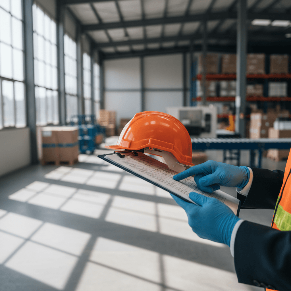 Safety professional conducting a workplace inspection with a clipboard in an industrial facility