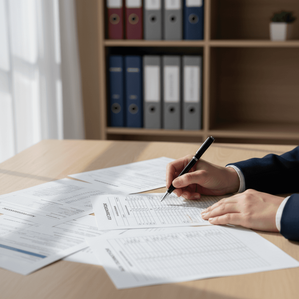 Close-up of hands pointing at compliance checklist on clipboard with pen