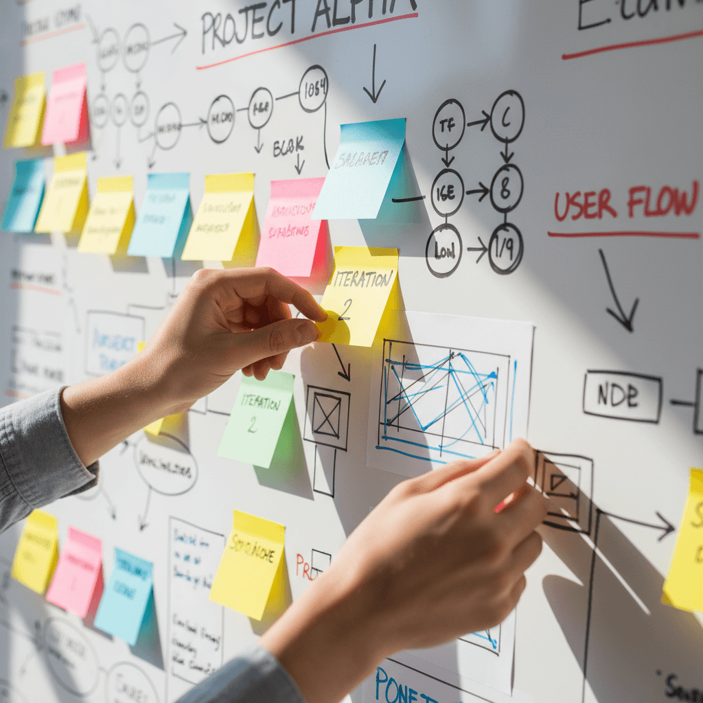 Person mapping out next steps on a whiteboard with sticky notes