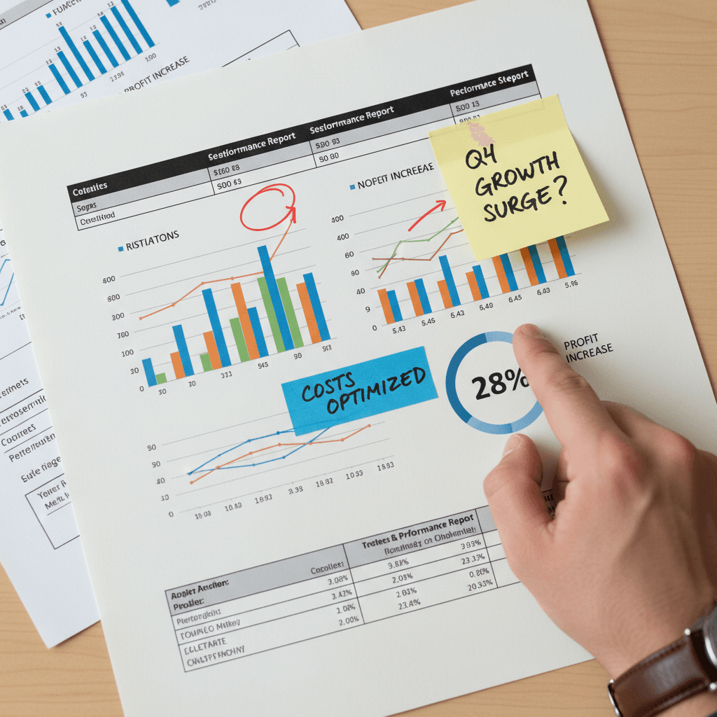 Printed OSHA compliance report and executive summary PDF fanned on a conference table next to a laptop presenting charts to leadership