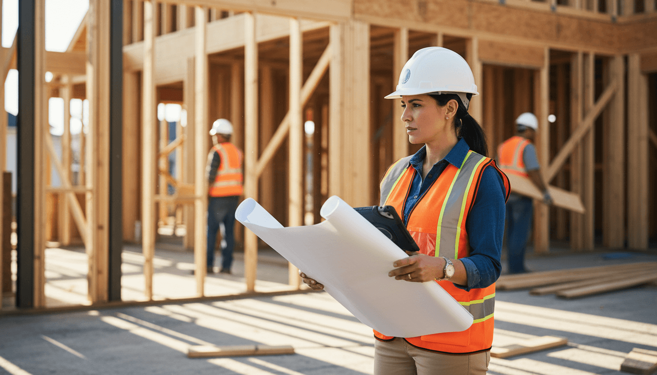 Construction supervisor in a high-visibility vest tapping a tablet checklist on a job site, hard hats and scaffolding softly blurred behind, documentary photography