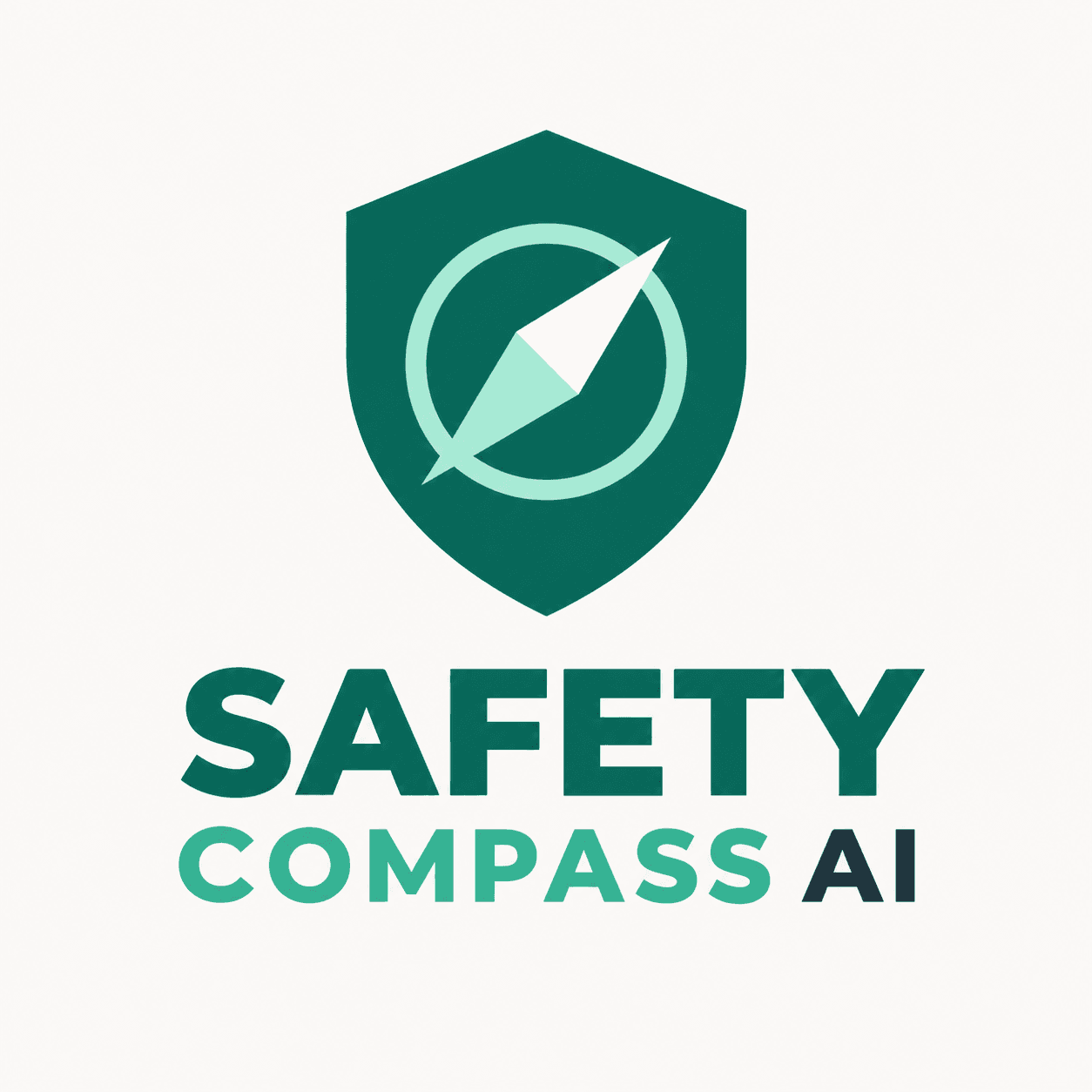 Dark green shield with a light green compass needle above the text SAFETY COMPASS AI.